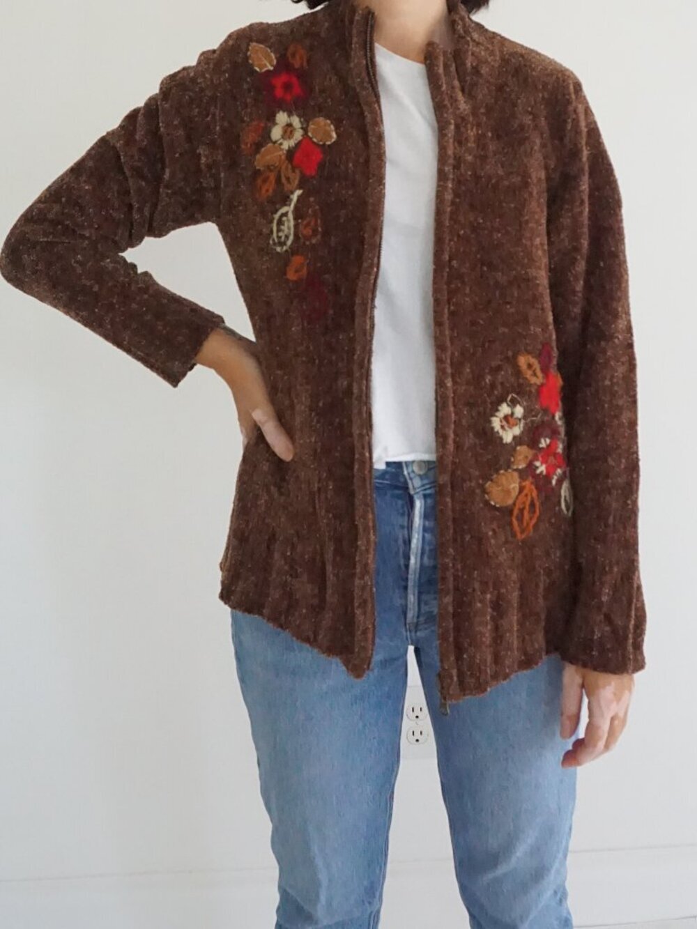 Vintage T & Company Brown Floral Embroidered Chenille Zip Boho Cardigan S